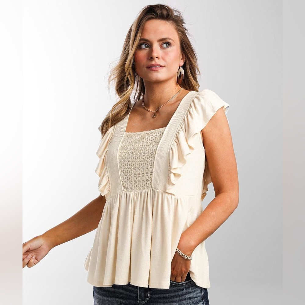 Gimmicks xl Pieced Crochet Flutter Top flowy boho cream eyelet neutral READ